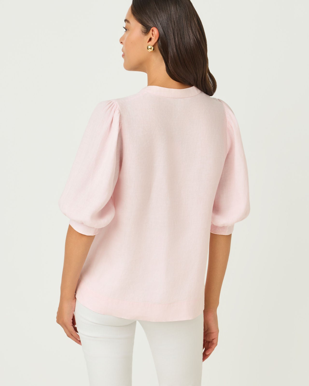 Mialeigh Elbow Sleeve Linen Top Pink Muse X Resort White
