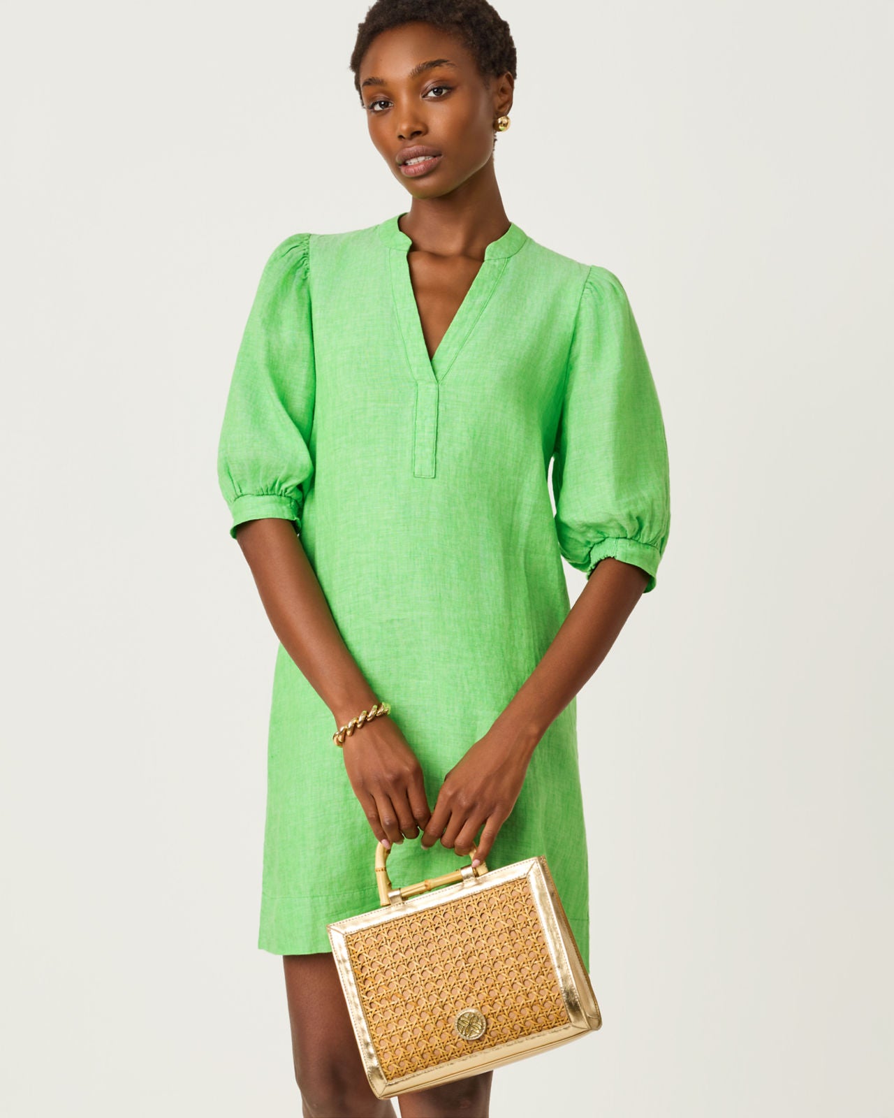 Mialeigh Elbow Sleeve Linen Dress Putting Green X Resort White
