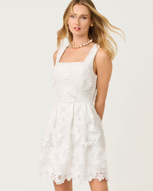 Cindy Skirted Romper Resort White Passion Flower 3D Lace