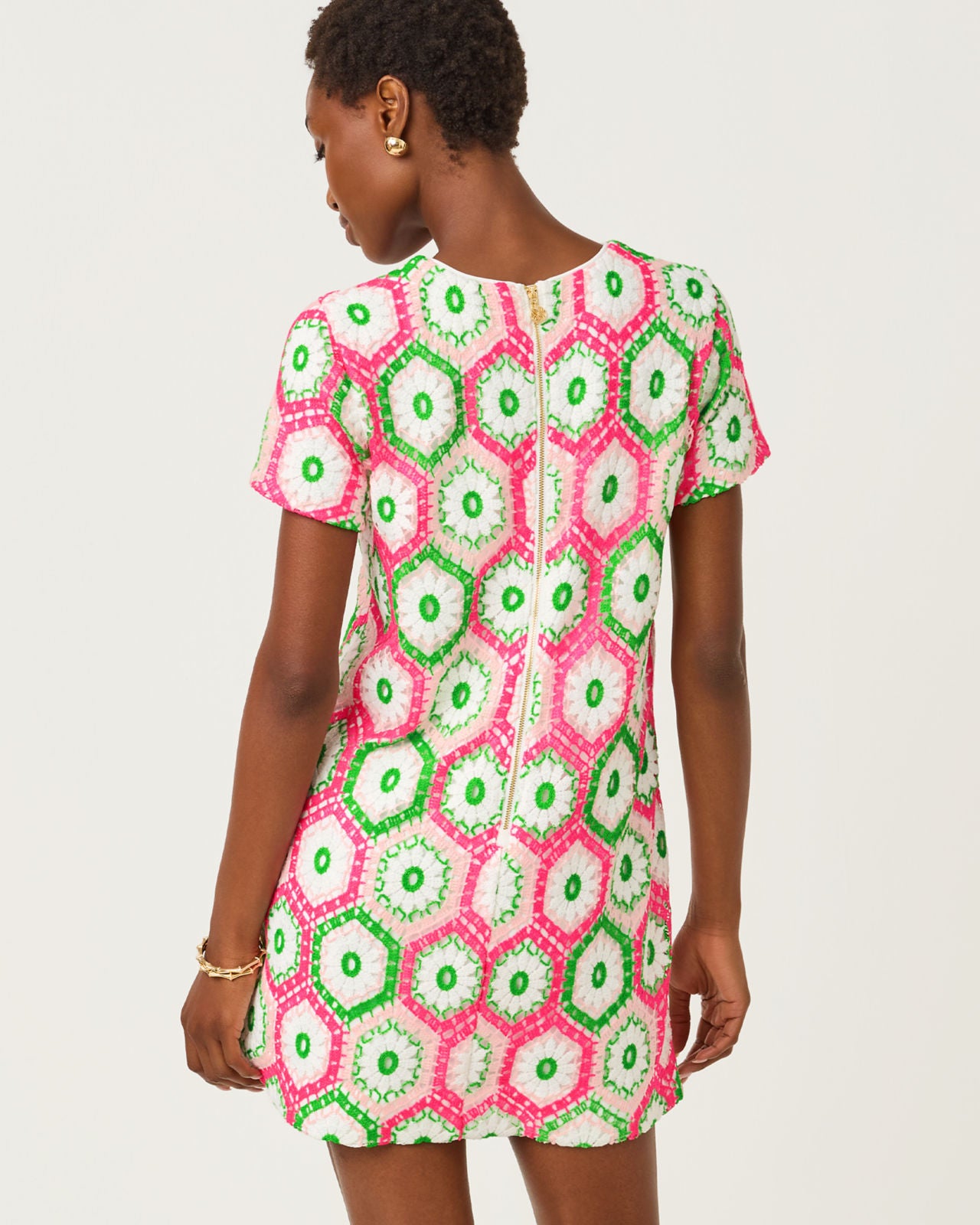 Leyla Shift Dress  Cherry Blossom Pink Daisy Hex Crochet