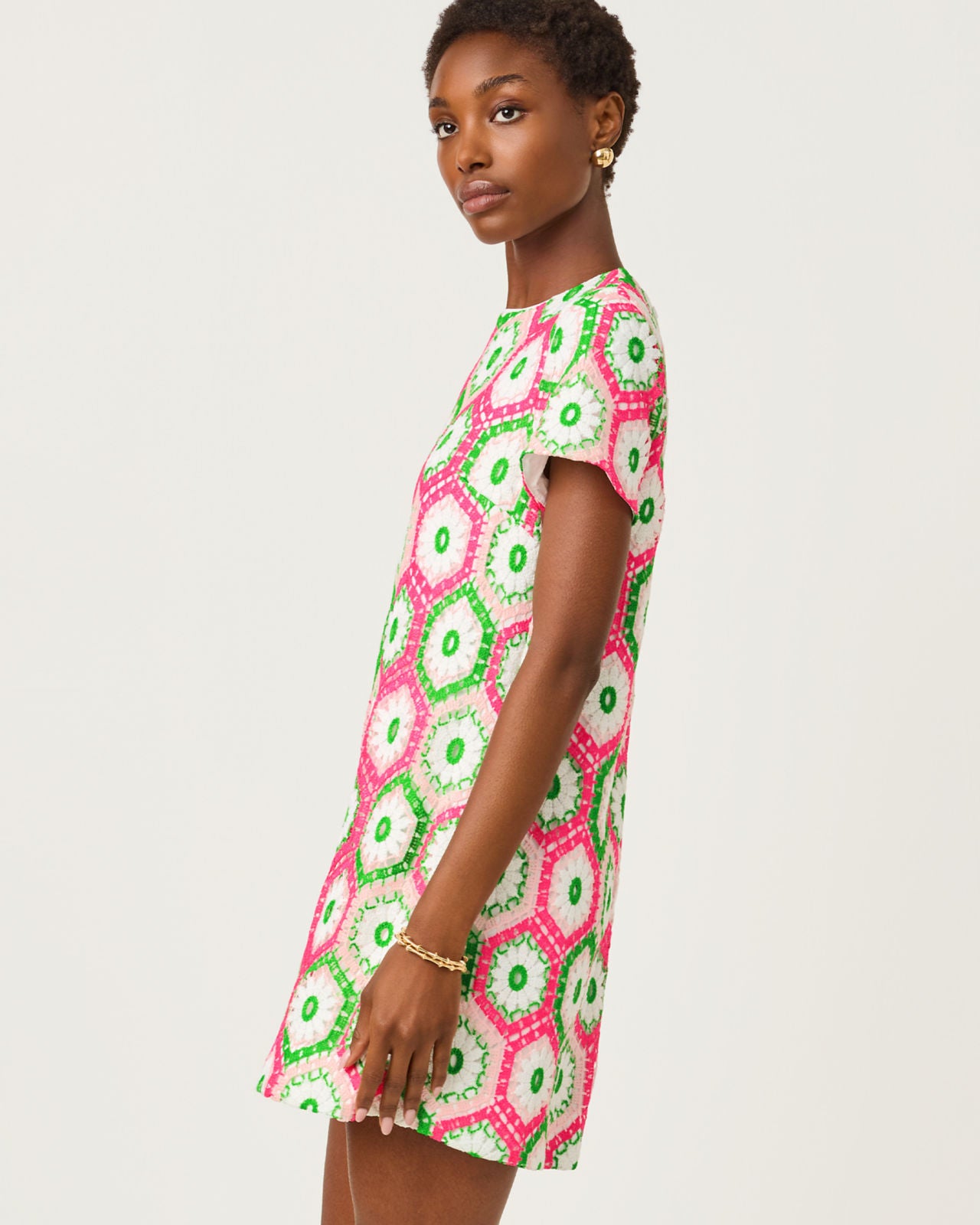 Leyla Shift Dress  Cherry Blossom Pink Daisy Hex Crochet