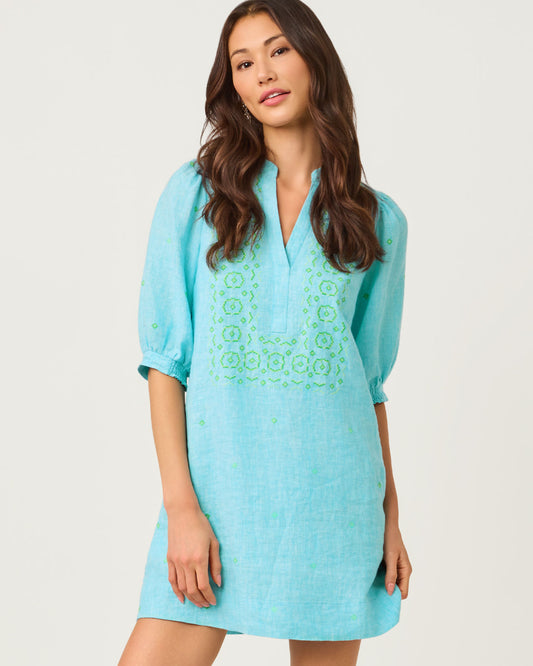 Mialeigh Elbow Sleeve Linen Dresss Capri Blue X Resort White