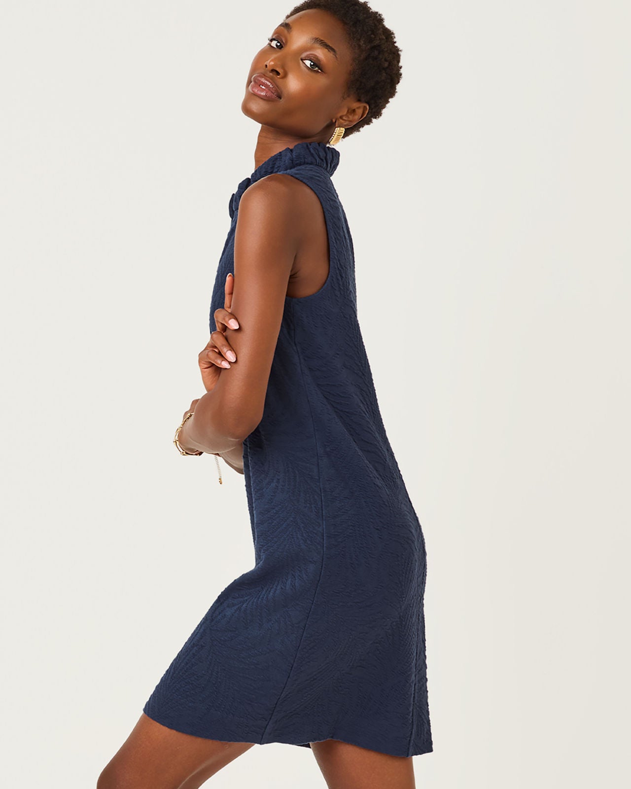 Elsey Shift Dress  Low Tide Navy Leafy Knit Pucker Jacquard