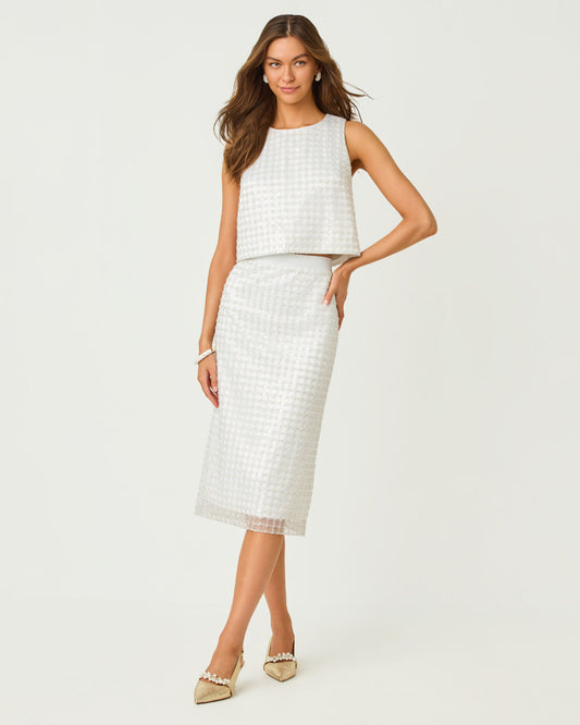 Lathan Sleeveless Crop Top Iridescent Metallic Pearl Grid Mesh