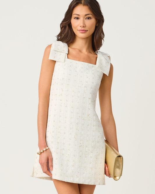 Anders Skirted Romper Resort White Flower Pearl Embellished Boucle