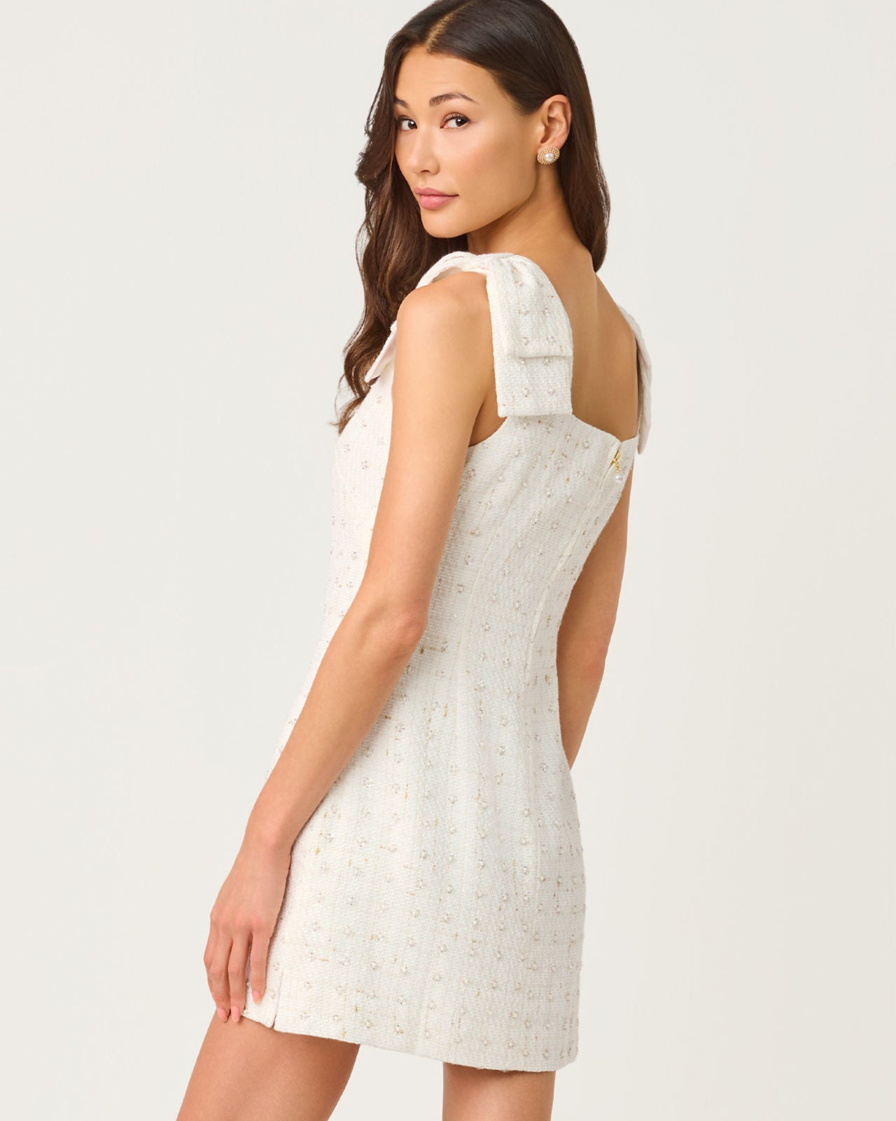 Anders Skirted Romper Resort White Flower Pearl Embellished Boucle