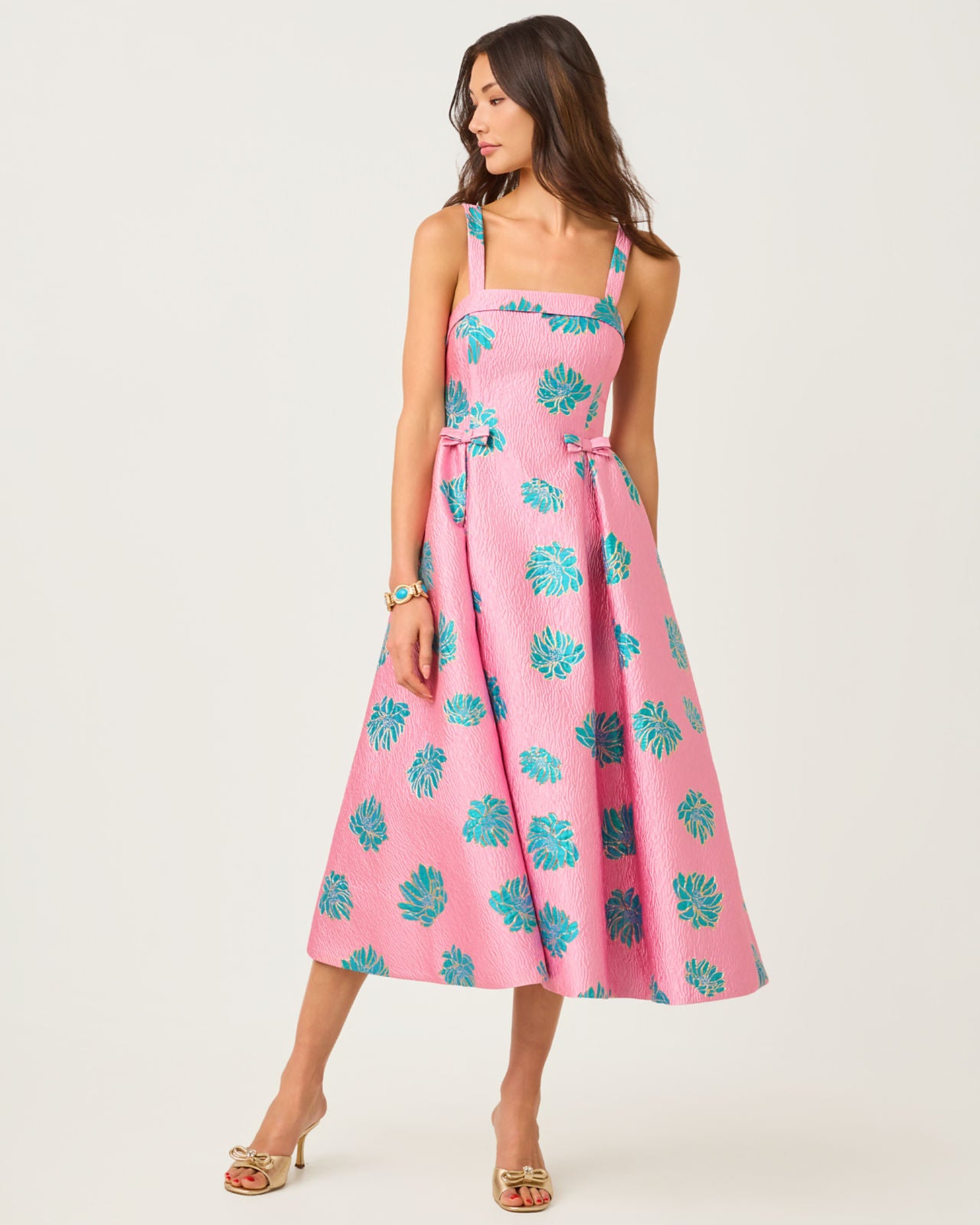 Rissy Midi Dress Conch Shell Pink Jungle Flower Brocade