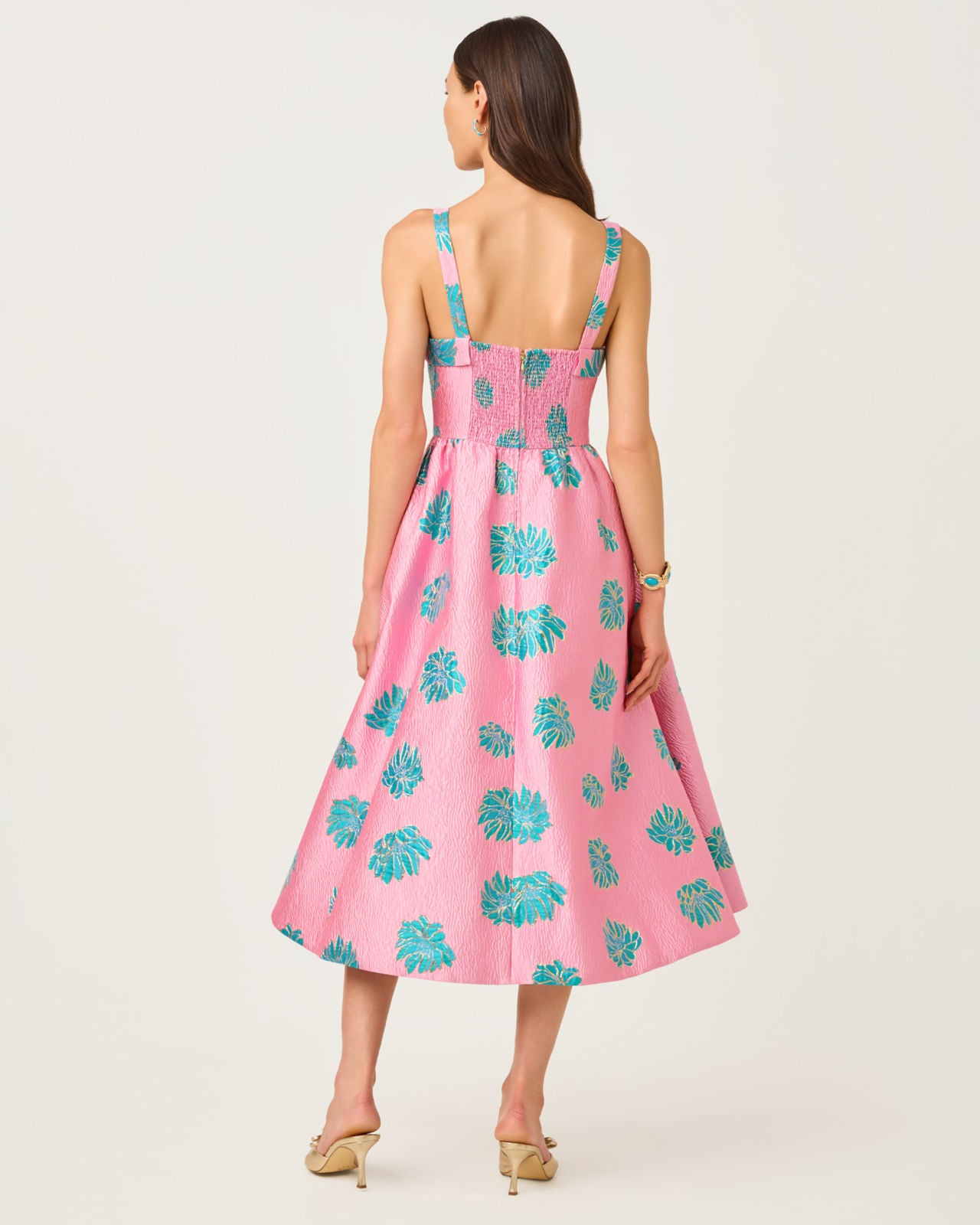 Rissy Midi Dress Conch Shell Pink Jungle Flower Brocade
