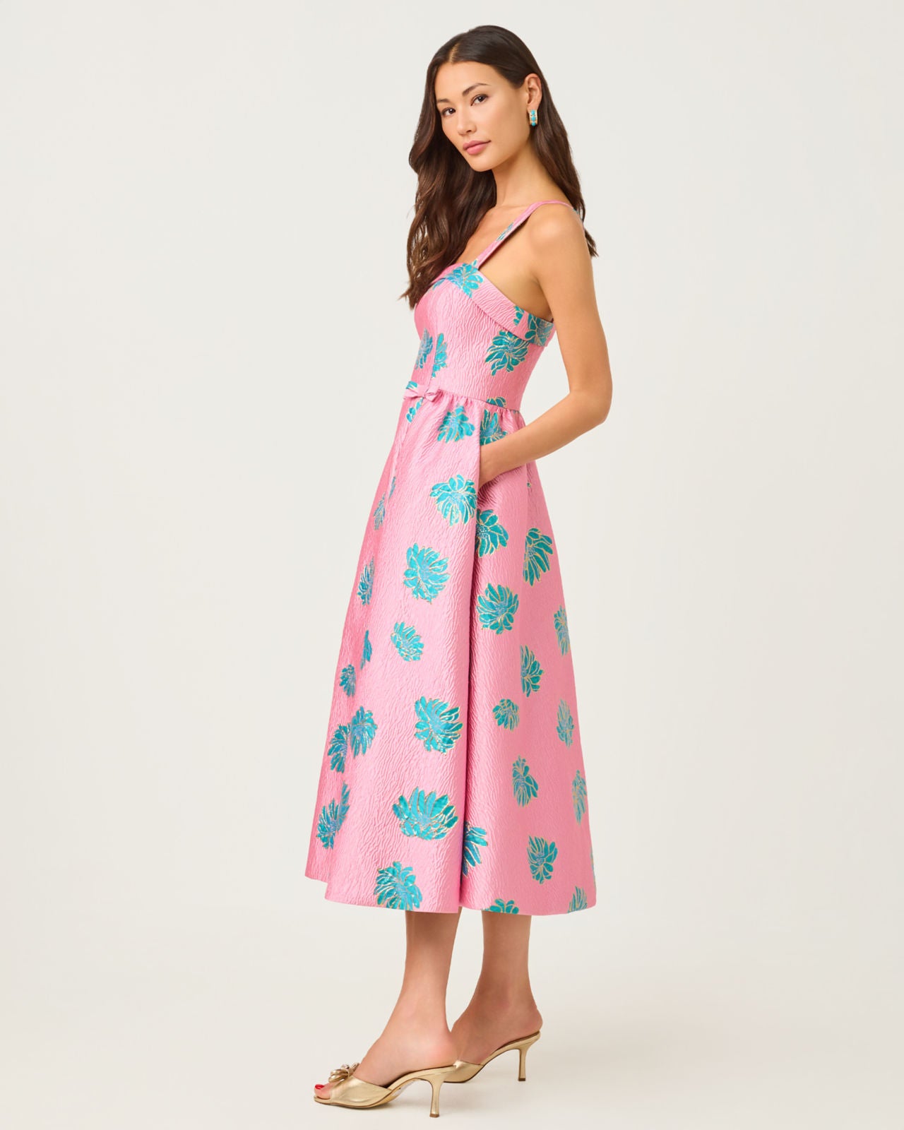 Rissy Midi Dress Conch Shell Pink Jungle Flower Brocade