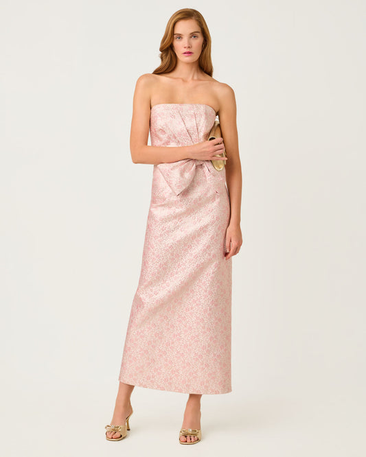 Tiernan Maxi Dressss Conch Shell Pink Ritsy Ditsy Metallic Brocade