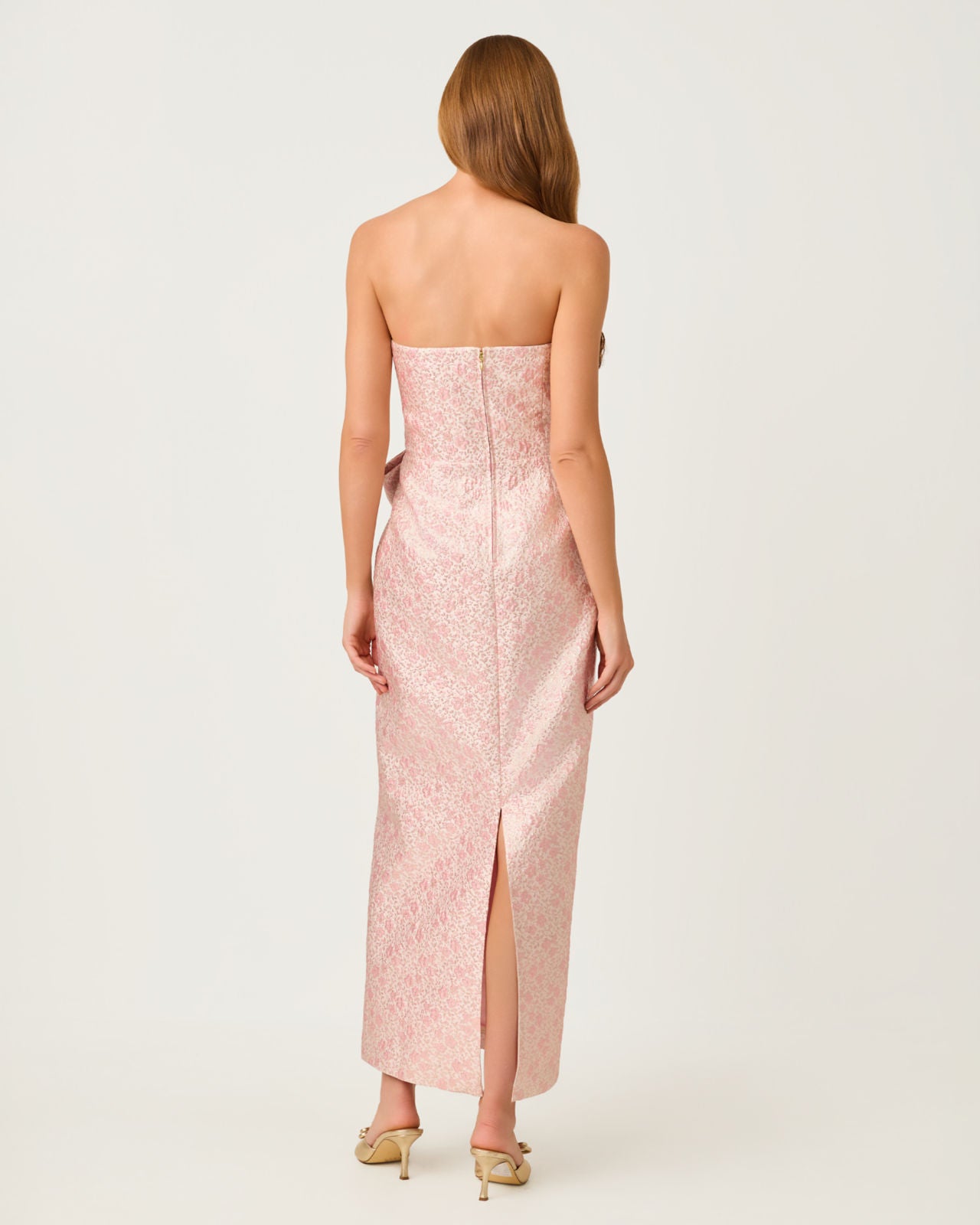 Tiernan Maxi Dressss Conch Shell Pink Ritsy Ditsy Metallic Brocade