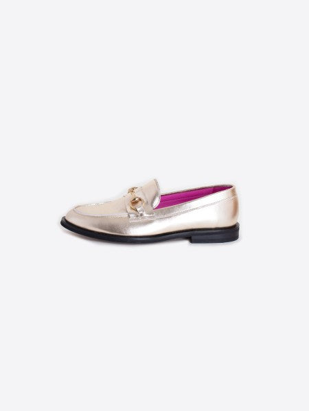 GOLD LEATHER LOAFERS WITH CHAIN DETAIL