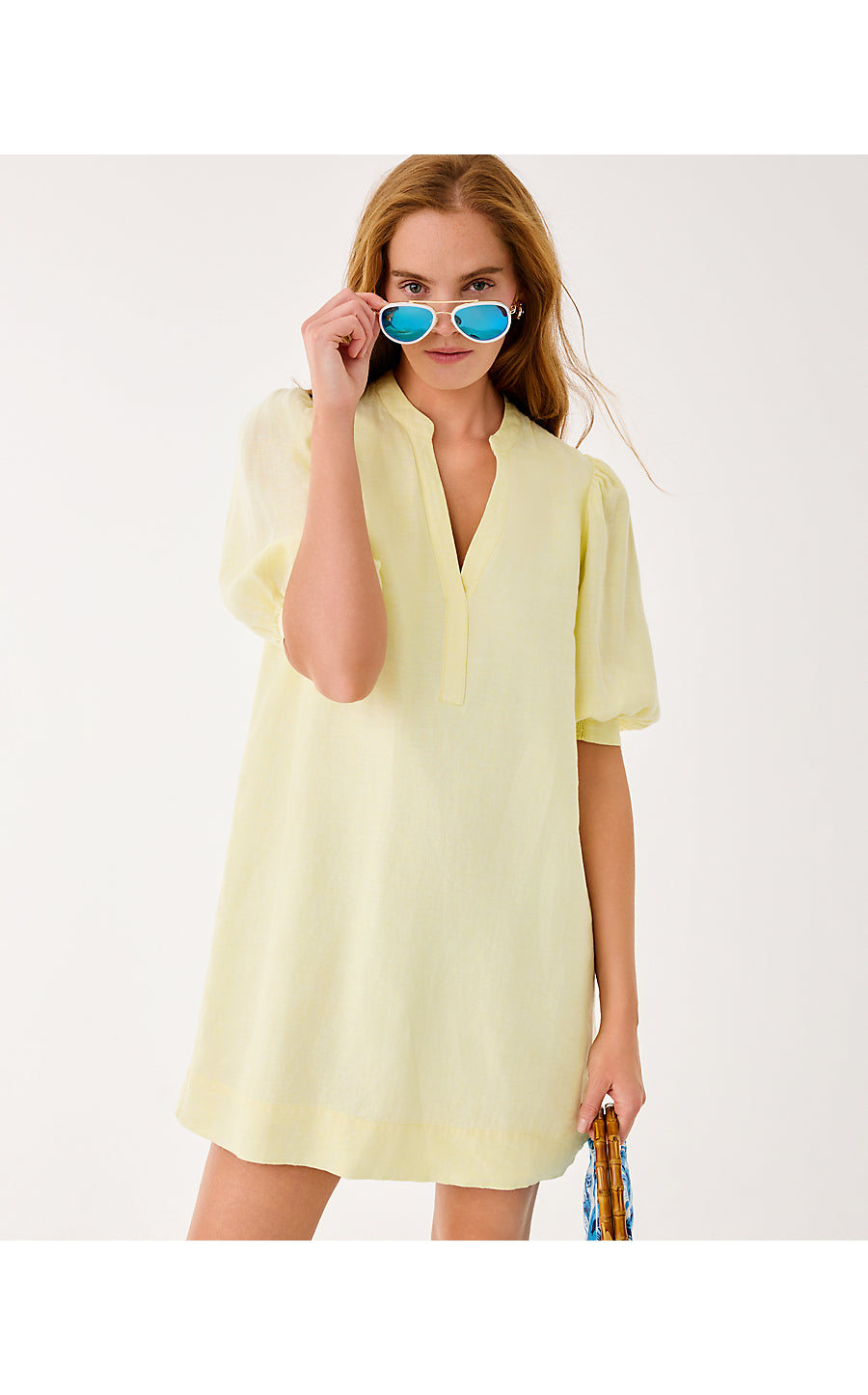 MIALEIGH ELBOW SLEEVE LINEN DRESS - LIMONCELLO X RESORT WHITE
