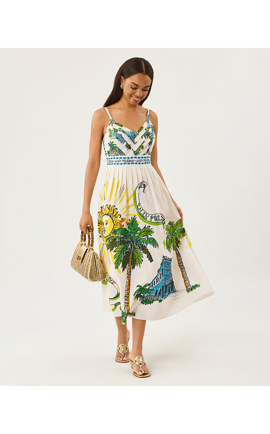 WENDLEY MIDI DRESS - COCONUT - OVERSIZED KEY WEST TOILE ENGINEERED WOVEN MIDI