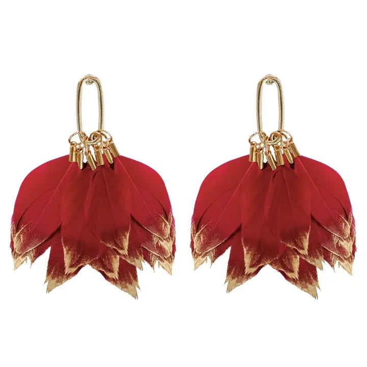 Garnet Gold Dipped Fall Feather Statement Earrings