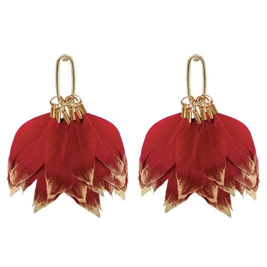 Garnet Gold Dipped Fall Feather Statement Earrings