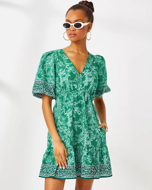 KENTLEE DRESS - FIDDLE LEAF GREEN - SAFARI PARTY ENGINEERED WOVEN DRESS