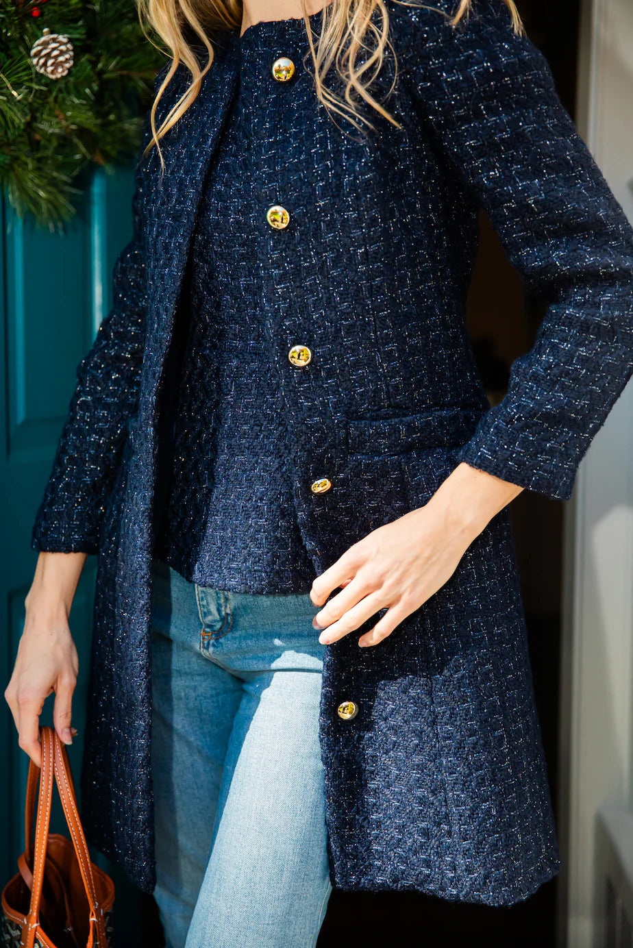 BUTTON FRONT TWEED COAT-NAVY