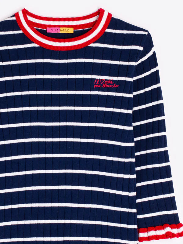NAVY BLUE STRIPED RIBBED SWEATER