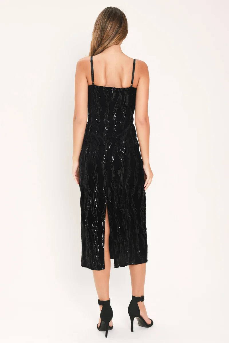 A Sequined Velvet Midi Dress - Black