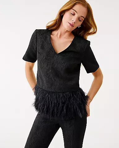 RYLAN V-NECK TOP - NOIR - EXPLODED FLOWER STRETCH JACQUARD