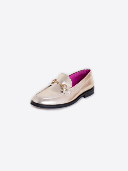 GOLD LEATHER LOAFERS WITH CHAIN DETAIL