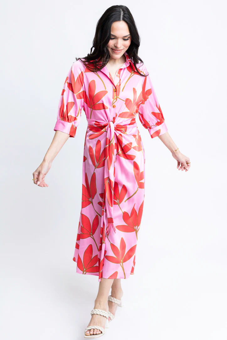 SATIN PALM FLORAL SHIRT DRESS