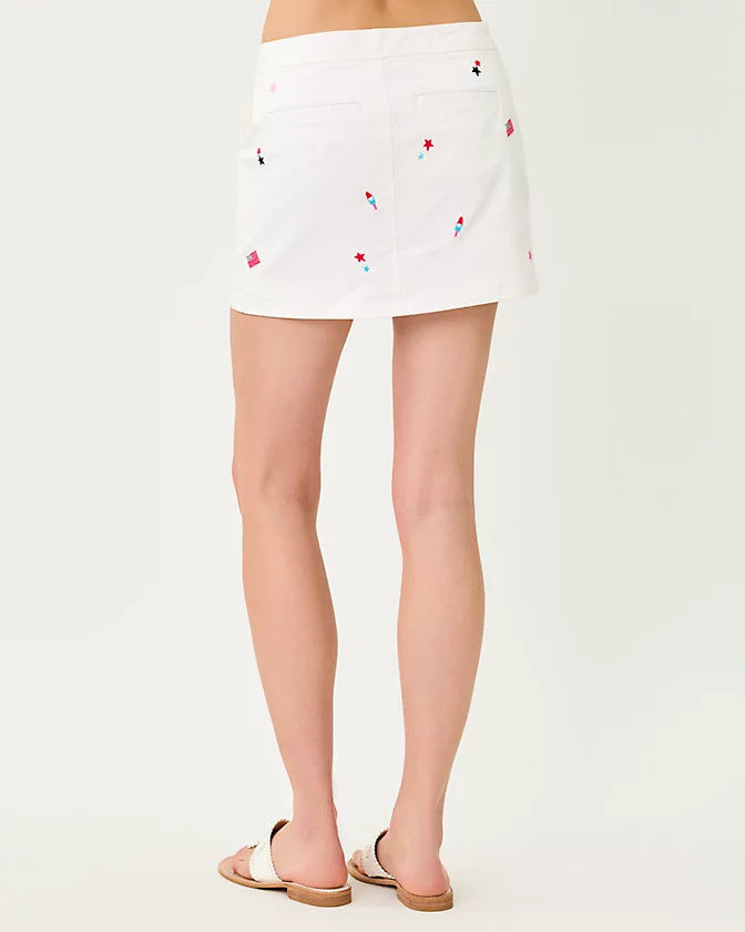 COLETTE DENIM SKORT - RESORT WHITE - ITS A 250TH CELEBRATION EMBROIDERY