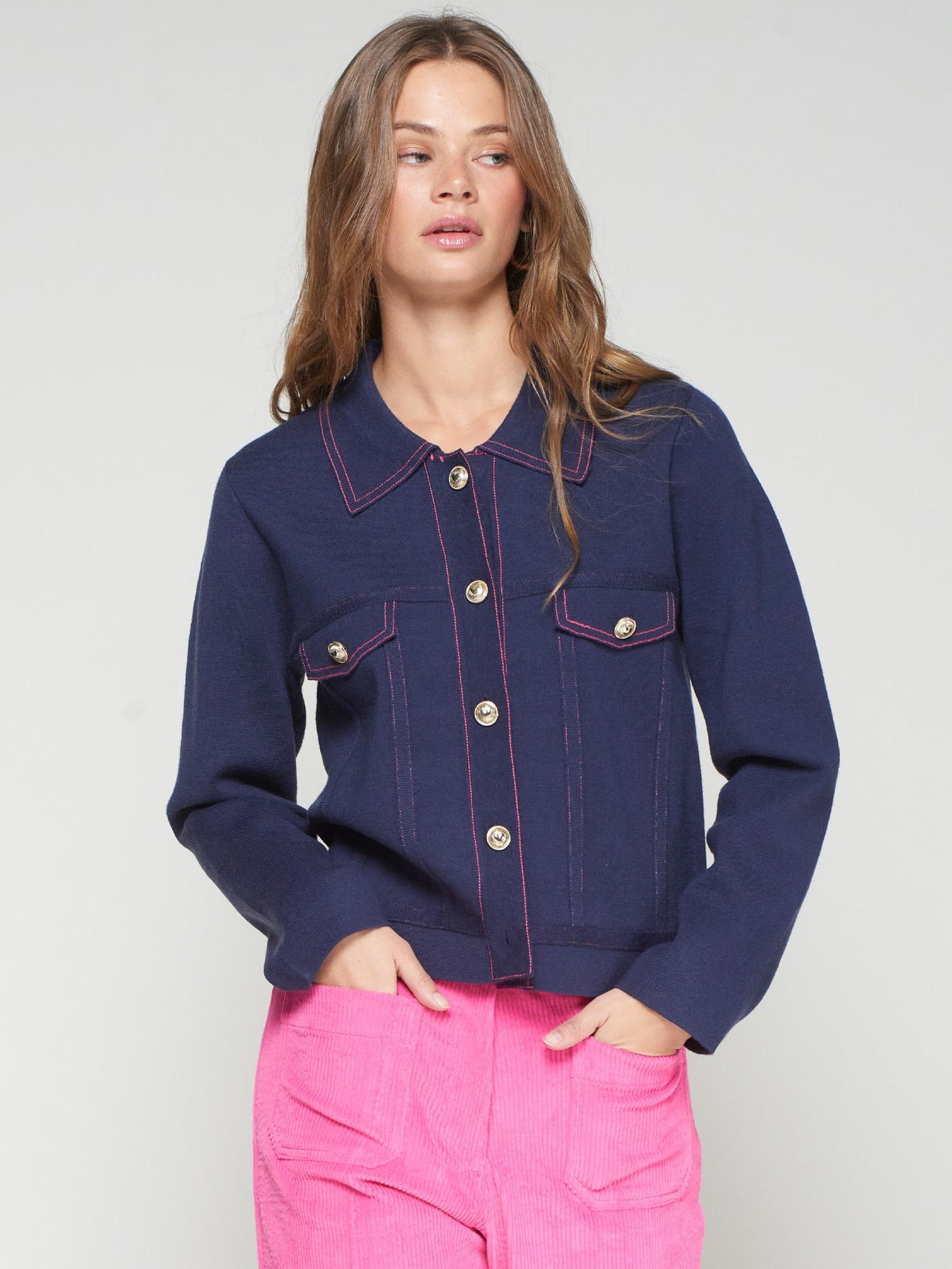 PUNTO CARDIGAN PESPUNTE VAQUERO NAVY PINK