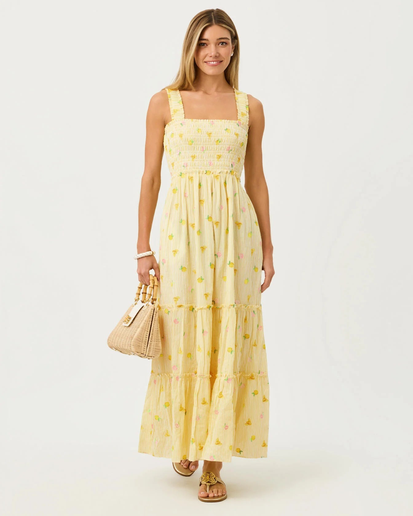 HADLY SMOCKED MAXI DRESS-ESTELLE YELLOW-LTWT OXFORD STRIPE WITH LEMON BEE EMBROIDERY