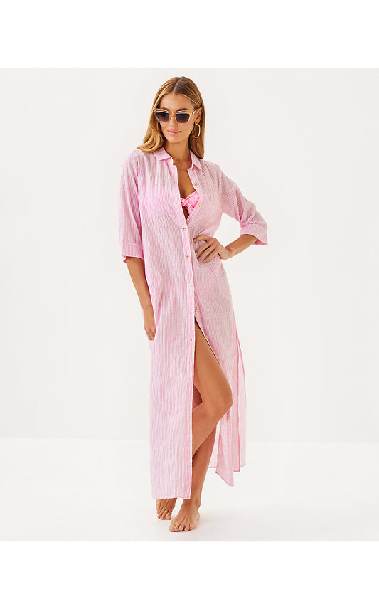 NATALIE MAXI COVERUP - CONCH SHELL PINK - LTWT OXFORD STRIPE