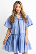 Vneck Contrast Emb Tier Dress - Blue