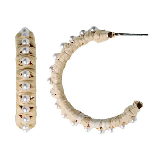 Natural Studded Pearl Raffia Statement Hoop Earrings