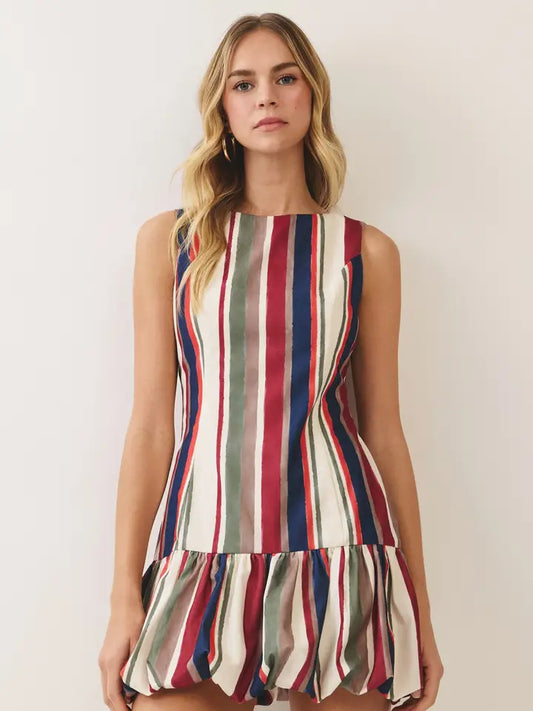 Multicolor Stripe Bubble Hem Mini Dress
