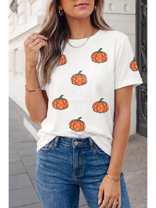 Thanksgiving Pumpkin Graphic Crew Neck T Shirt