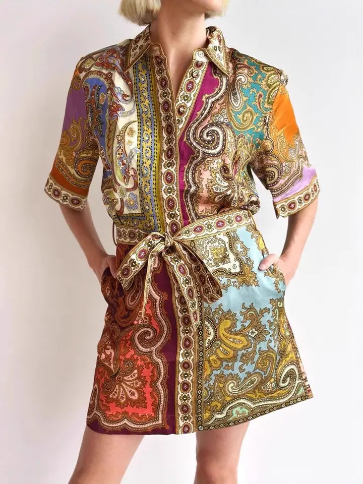 Spliced Exclusive Paisley Print Resort Belted Shirt Dress