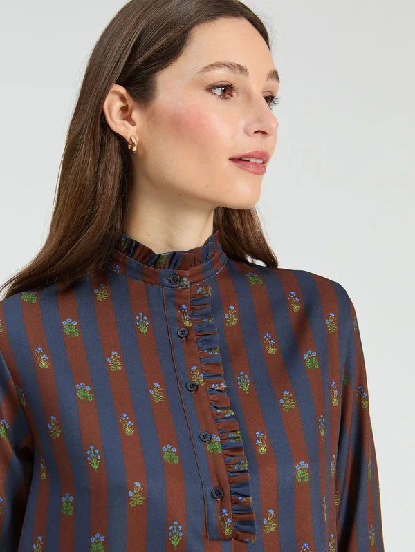 Flower Stripe Dress - Brown and Navy