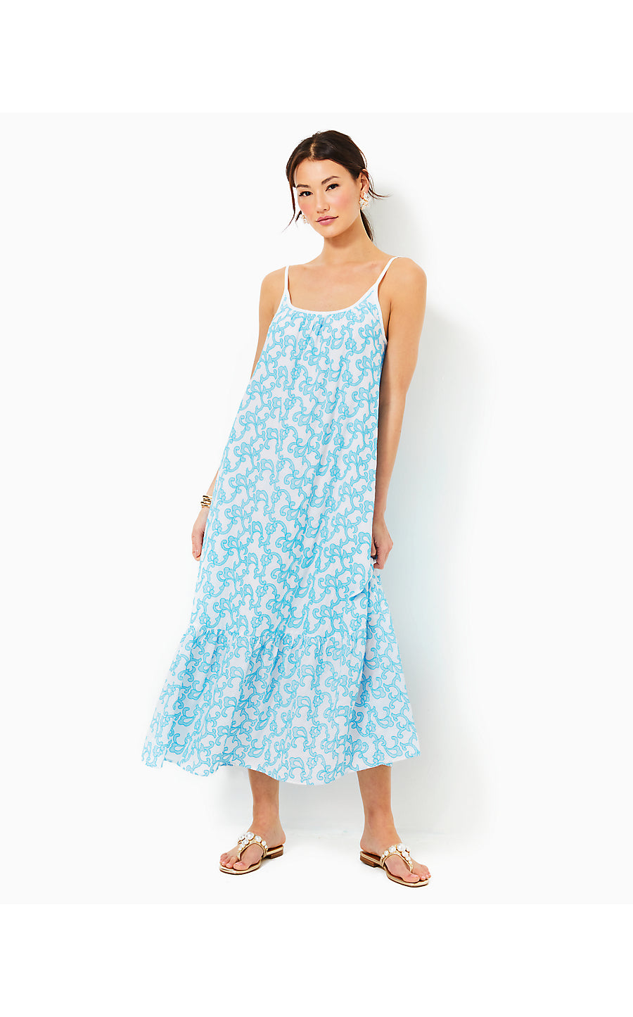 AMERIE MIDI DRESS - LUNAR BLUE - FLAMINGLE EMBROIDERED COTTON