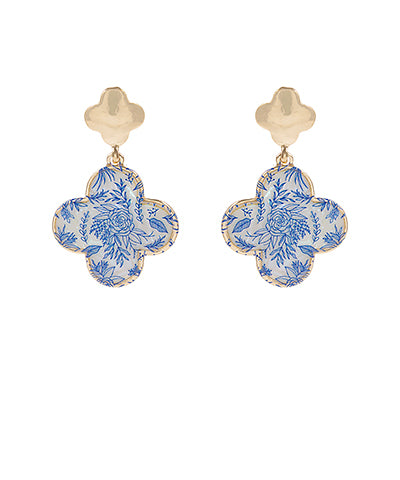 Floral Printed Clover Dangle Earrings