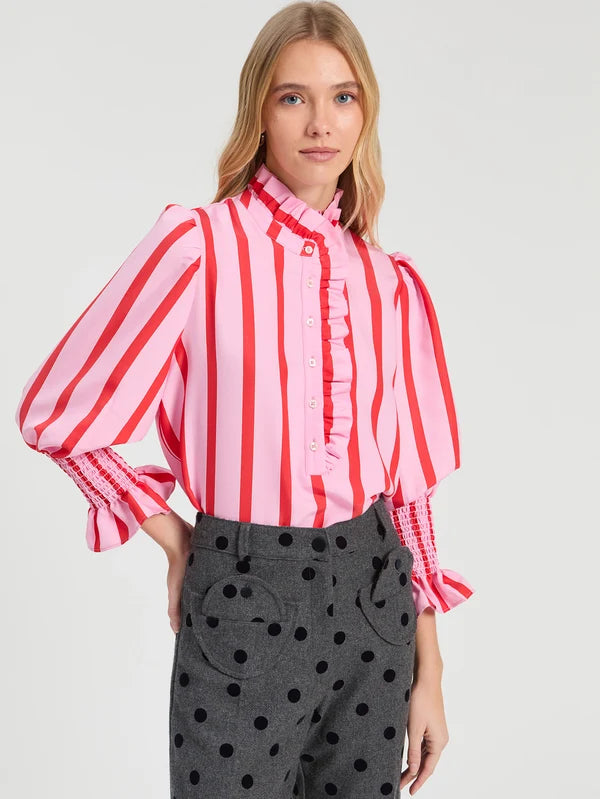 Striped Ruffled Shirt - Pink and Red
