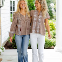Brown & White Gingham Embroidered Puff Sleeve Top