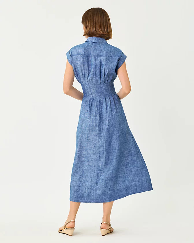 TONYA LINEN MIDI SHIRT DRESS - STARLIGHT NAVY X RESORT WHITE
