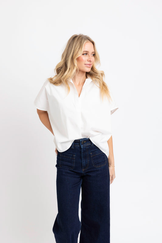 Solid Pocket Poplin Top - White