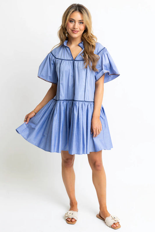 Vneck Contrast Emb Tier Dress - Blue