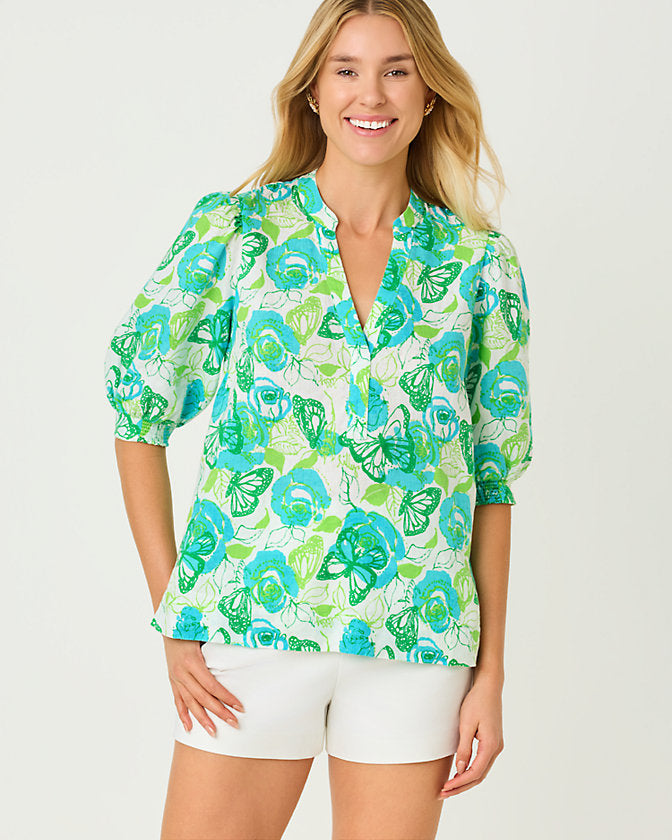 Mialeigh Linen Top - Resort White Monarch Rose