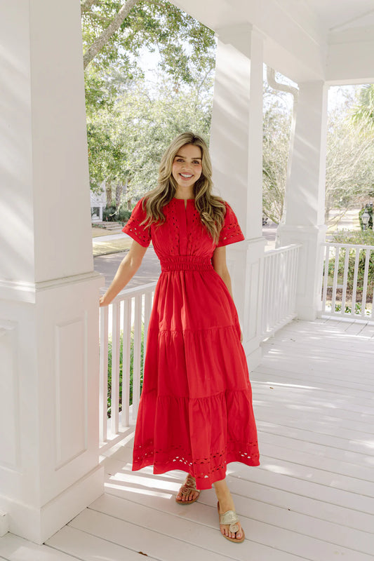 Red Short Sleeve Cinched Waist Maxi Dress with Ric-Rac Inlay