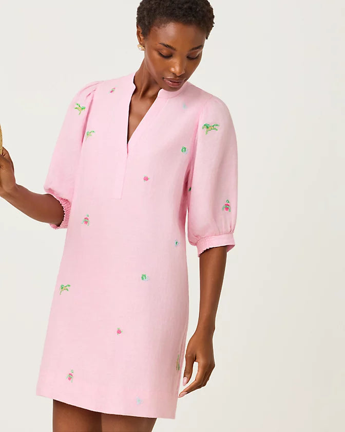 MIALEIGH LINEN DRESS - CONCH SHELL PINK - DERBY DITSY EMBROIDERY