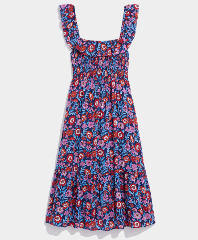 Smocked Midi Dress- TISBURY FLORAL/DEEP BAY