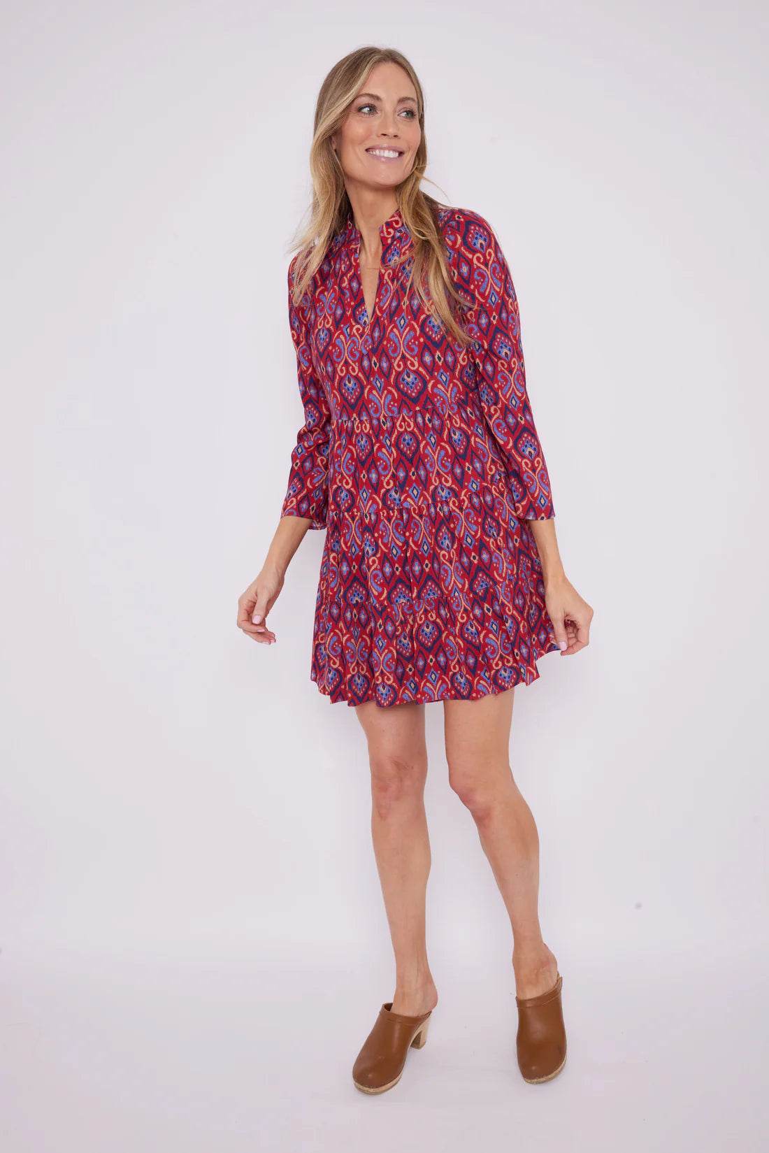 CRIMSON IKAT LONG SLEEVE TUNIC FLARE DRESS- RED IKAT