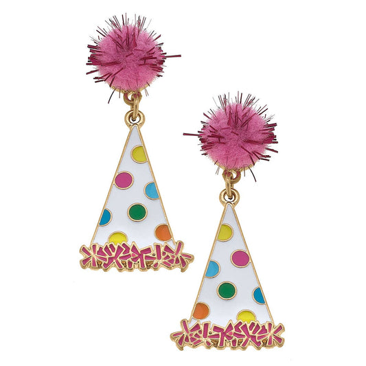 Canvas Style - Polka Dotted Party Hat Enamel Earrings in Rainbow Multi